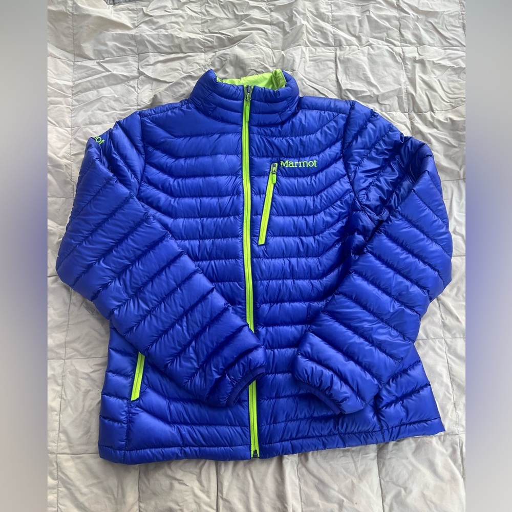 Marmot Quasar Royal Blue Down Jacket w Lime Green Trim. Size L